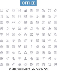 Office line icons, signs set. Office, Desk, Chair, Computer, Printer, Filing, Supplies, Stationery, Paper outline vector illustrations.