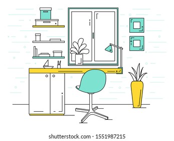 Office in a linear style. Workplace with a computer.