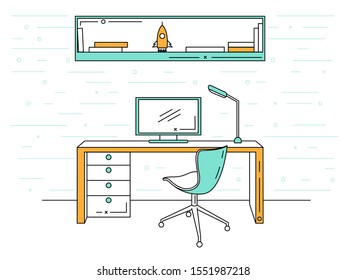 Office in a linear style. Workplace with a computer.