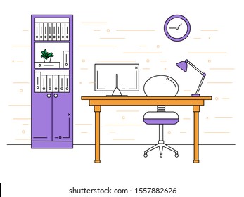 Office in a linear style. Workplace with a computer.