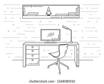 Office in a linear style. Workplace with a computer.