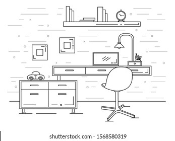 Office in a linear style. Workplace with a computer.