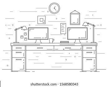 Office in a linear style. Workplace with a computer.