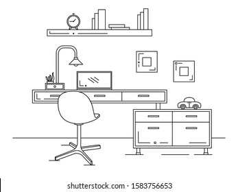 Office in a linear style. Workplace with a computer.