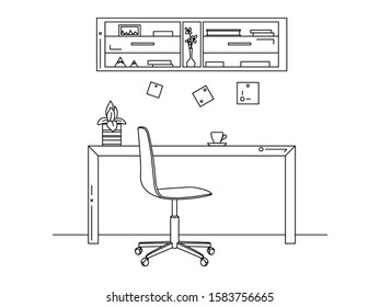 Office in a linear style. Workplace with a computer.