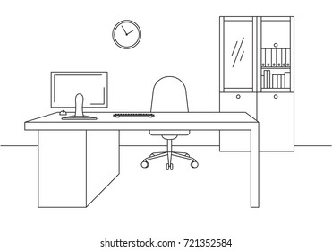 Office in a linear style. Workplace with a computer.