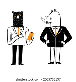 Office living business ideas, well dressed men or women, their heads are animals. Vector Illustration Hand drawing doodle style