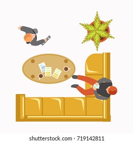 Office lobby or waiting room reception work place layout vector flat plan