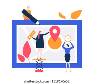 Office location - flat design style colorful illustration on white background. Quality composition with characters, business man, women placing a pointer on a map, showing information about a company