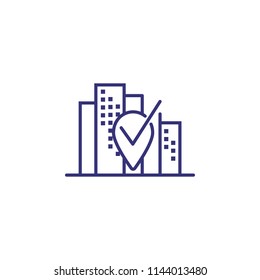 Office location line icon. Building, skyscraper, city, mark pointer, check. Business concept. Can be used for topics like contact information, navigation, app design