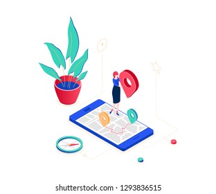 Office location - modern colorful isometric vector illustration on white background. A composition with a female worker standing on a smartphone with a map on the screen, holding geo tag, compass