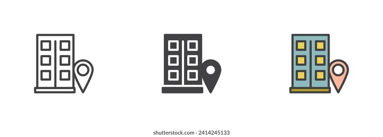 Office location pin different style icon set. Line, glyph and filled outline colorful version, outline and filled vector sign. Symbol, logo illustration. Vector graphics