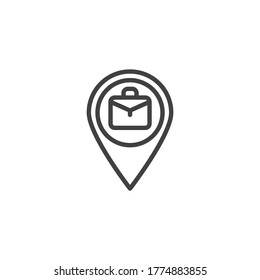 Office location pin line icon. linear style sign for mobile concept and web design. Map pointer with briefcase outline vector icon. Symbol, logo illustration. Vector graphics