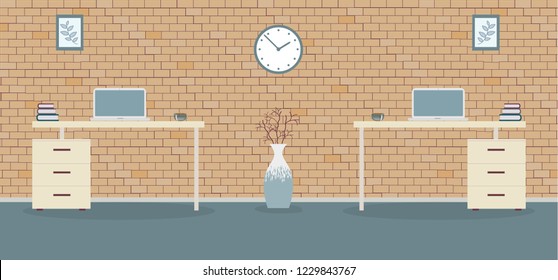 Office in loft style on a brick background. Vector illustration Two tables with drawers,decorative branches in a beautiful vase floor, cute paintings.Cup with coffee,laptop,clock on the wall, books