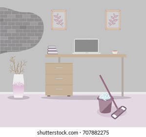 Office in loft style on a gray background. Vector illustration Table with drawers,decorative branches in a beautiful vase floor, cute paintings.Cup with coffee,laptop,books. MOP and bucket,soapy foam 