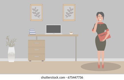 Office in loft style.Vector illustration.Table,decorative branches in a beautiful vase floor, paintings.Cup with coffee, laptop.A sexy businesswoman in a black dress with a red folder Taxes.Red shoes 