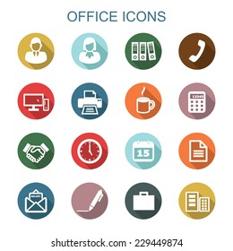 office long shadow icons, flat vector symbols