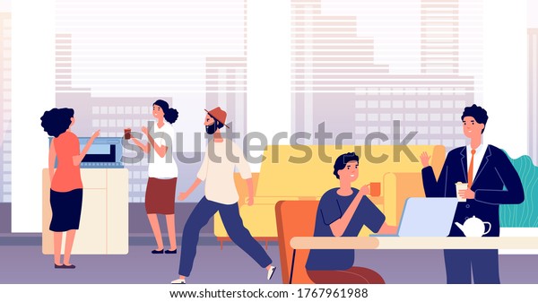 Office lounge. Foyer,
people drink coffee tea. Dining room in business center. Common
area in hostel, people have lunch and chat. Managers coffee break
vector illustration