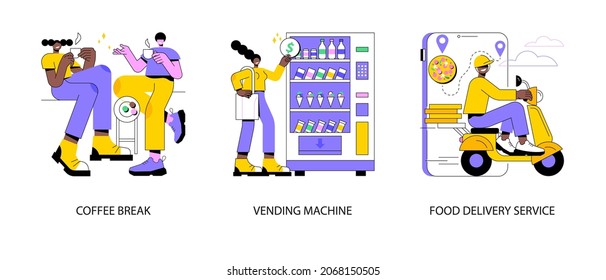 Abstraktes Konzept, Vektorgrafik-Set für das Mittagessen im Büro. Kaffeepause, Automaten, Speisedienst, warmes Getränk, Mitnehmen, Snack und Getränk, Pizza und Sushi-Online-Menü abstrakte Metapher.