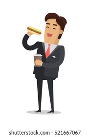 Office Lunch Break Vector Concept. Flat Design. Smiling Man In Business Suit With Coffee Cup In Hand Eating Hot Dog. Street Fast Food. For Cafe, Eatery, Ad. Snack At Work. On White Background