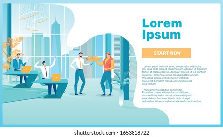 Office Lunch Delivery Flat Landing Page Template. Hot Meal Delivering Web Banner Layout. Corporate Employee Taking Pizza Order Cartoon Character. Catering Service Vector Illustration