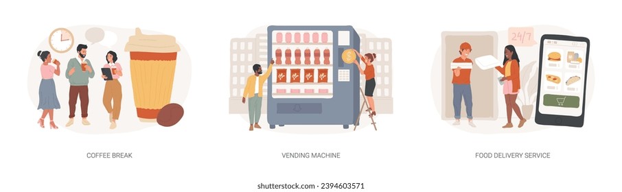 Büros Mittagessen einzeln Konzept Vektorgrafik Set. Kaffeepause, Automaten, Speisedienst, warmes Getränk, Mitnehmen, Snack und Getränk, Pizza und Sushi Online-Menü-Vektorkonzept.
