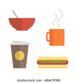 Office lunch set. Red plate, brown paper cup with coffee, hot dog, orange cup of hot drink. Food elements in flat style on white background. Fast food. Time break.