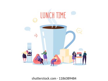 Office Lunch Time. Business People Characters on Coffee Break. Employees Talking, Resting and Drinking Hot Drinks. Vector illustration