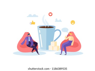 Office Lunch Time. Business People Characters on Coffee Break. Employees Talking, Resting and Drinking Hot Drinks. Vector illustration