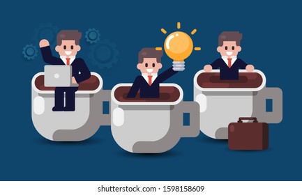 Office lunch time. Businessman with coffee break concept. Coffee make idea and  energy boost. Flat vector illustration
