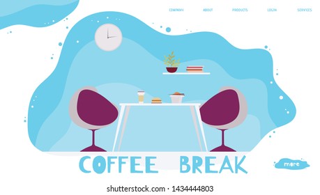 Office Lunch Time and Coffee Break. Cartoon Landing Page. Comfortable Workplace or Rest Zone. Armchairs and Table with Food, Hot Drink. Efficient Time Management Promotion. Flat Vector Illustration