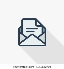 office mail, open envelope, email thin line flat icon. Linear vector illustration. Pictogram isolated on white background. Colorful long shadow design.fogmoney