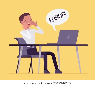 Office male clerk afraid of computer failure, hardware, software error. Businessman in frustration, panic, employee at working desk, data, internet network problem, malfunction. Vector illustration