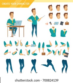 Office male worker character creator constructor elements collection with hands legs heads and accessories isolated vector illustration 