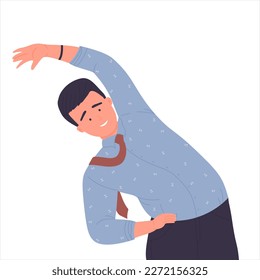 Office male worker doing stretching. Work exercise, active relaxing break vector illustration