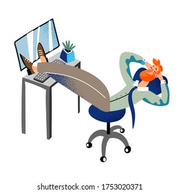 Office male worker at work break. Smiling man leaned back in chair, putting legs on desk, dreaming and relax at workplace. Vector character illustration of employee workspace, manager occupation