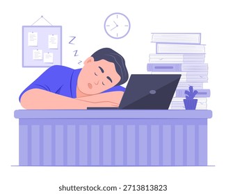 Hombre de oficina dormido en el trabajo en la noche para el trabajo a tiempo parcial Freelancer, sobrecarga de trabajo e ilustración de concepto sobrecargado