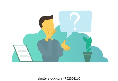 Office man with big question. Problem and solution search think businessmen Vector flat illustration