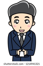 A office man is bowing and greeting to submit a business card. This can use for  presentation, website, book, card.
