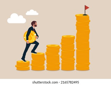 Office Man Carrying Money Coin Start Step On Compound Money Stack. Start Invest In Stock Market, Begin Savings To Achieve Financial Goal, Power Of Compound Interest, Collecting Wealth.