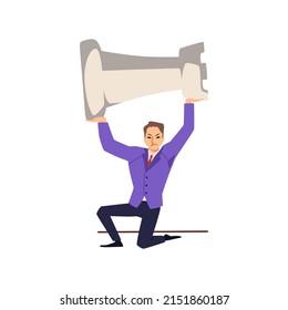 Office man character holding huge white chess figure rook flat style, vector illustration isolated on white background. Business concept, metaphor for difficulties, challenges