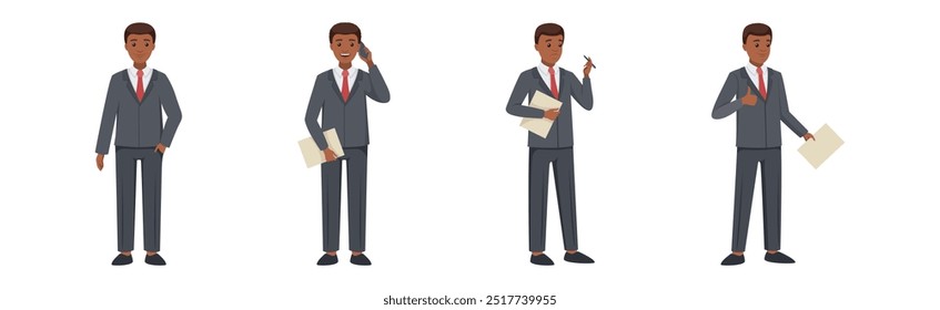Office Man Character in Suit and Red Tie in Different Pose Vector Set