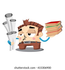 Office man character. Vector illustration. Business people. Cartoon office worker with documents and drawings.