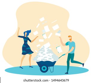 Office Man Company Worker Carrying Trolley with Documents. Woman Coworker Standing under Paper Rain. Paperwork, Overload, Deadline. Heard Teamwork. Metaphor Flat Cartoon. Vector Illustration