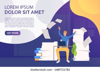 Office man coping with paper work landing template. Mess, paper piles, employer. Unorganized office work concept. Vector illustration for webpage, landing page