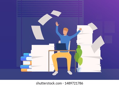 Office Man Coping With Paper Work. Mess, Paper Piles, Employer. Unorganized Office Work Concept. Vector Illustration For Webpage, Landing Page