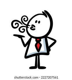 Office man in costume and tie exhales cigarette smoke. Vector illustration of unhealthy lifestile.