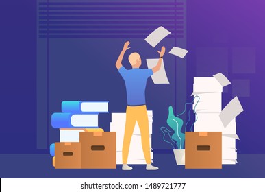 Office Man Dealing With Paper Work. Mess, Paper Piles, Employer. Unorganized Office Work Concept. Vector Illustration For Webpage, Landing Page