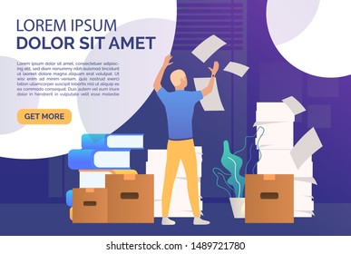 Office man dealing with paper work landing template. Mess, paper piles, employer. Unorganized office work concept. Vector illustration for webpage, landing page