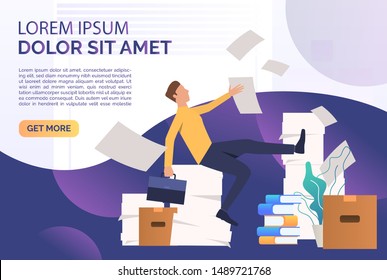 Office man doing paper work landing template. Mess, paper piles, employer. Unorganized office work concept. Vector illustration for webpage, landing page